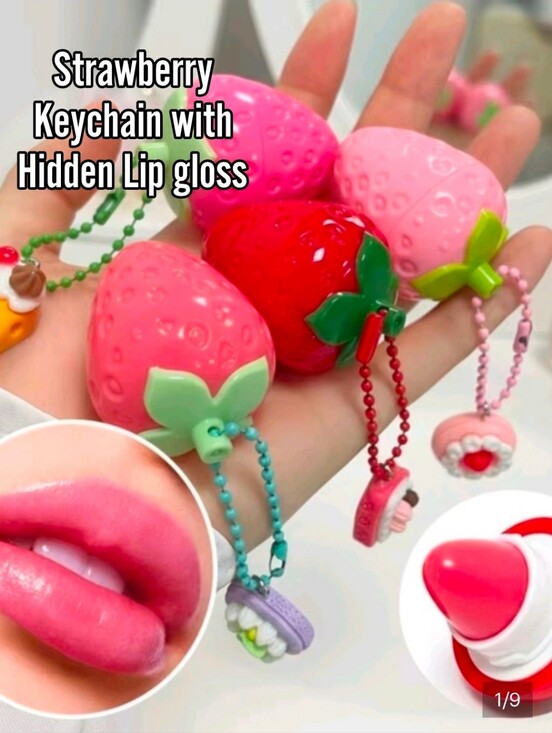 Hand Crafted Handbags - Handmade Strawberry Lip Balm Gloss Keychain Bag Charm Accessory
